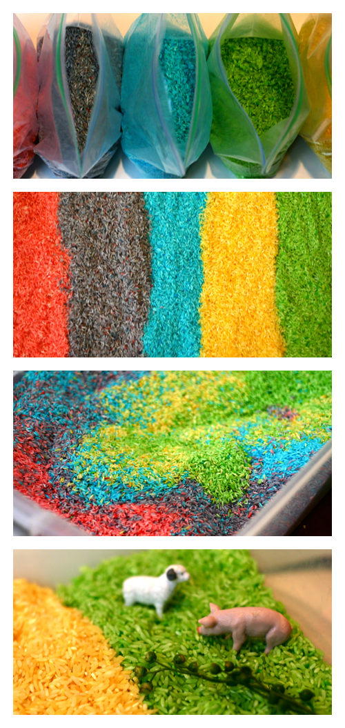 Spring and Easter Sensory Bin with rainbow rice | OnePartSunshine.com