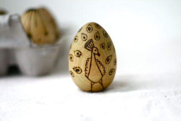 Wood burned wooden eggs for baby's Easter basket - peacock | OnePartSunshine.com